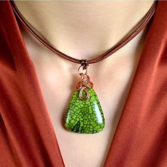 Handmade Copper Wrapped Green Agate Pendant • Vegan Suede • Boho Necklace - Picture 4 of 16